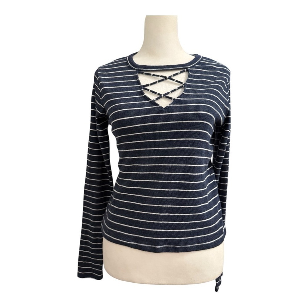 Hollister Navy & White Striped Front Cropped Top Y2K Preppy Casual Medium